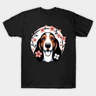 Basset Hound Delights in Spring Cherry Blossoms Radiance T-Shirt